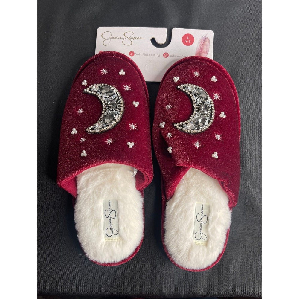 Jessica Simpson Womens Burgundy Moon Star Slippers Plush Lining Memory Foam LG